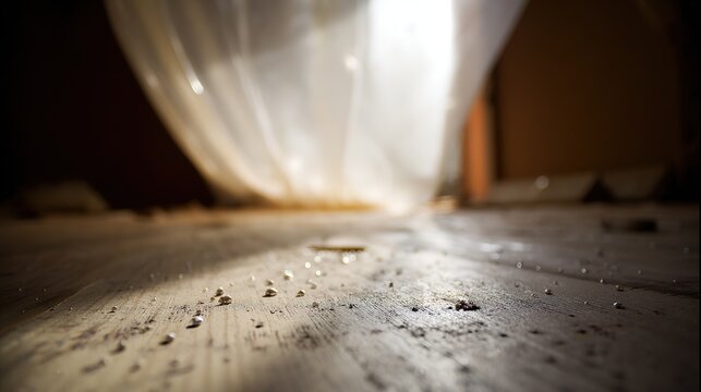 Room under construction with spackle splashes on wood floor, sunlight passing through translucent plastic dust sheet casting soft illumination, shallow depth
