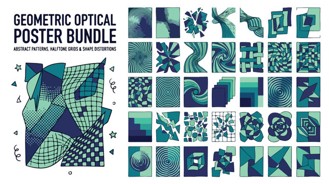 Geometric optical poster bundle, abstract patterns and halftone grids, teal shape distortions and warped vector graphics collection
