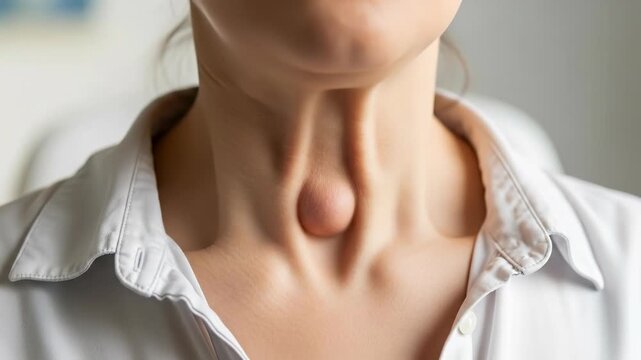Close-up view of a person's neck, prominently featuring a visible goiter, a key indicator of thyroid disease, suggesting endocrine health concerns, requiring prompt medical diagnosis