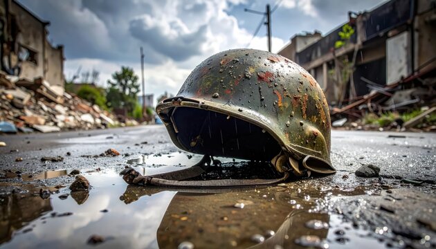 A rusted and dented military helmet lies upside down filled with rainwater on a debris-strewn street, reflecting the cloudy sky