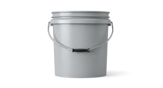 Empty gray plastic bucket with a metal handle for construction work or household cleaning tasks. 5 gallon bucket