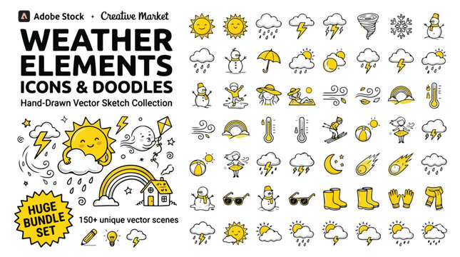 Hand-drawn weather elements icons and doodles, 150 unique vector sketch scenes, yellow and black meteorology symbols for forecast apps