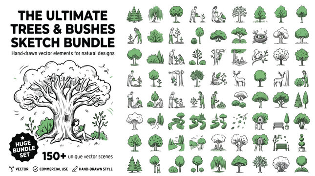 Hand-drawn trees and bushes sketch bundle, 150 unique vector scenes of nature elements, green garden foliage and forest landscape icons