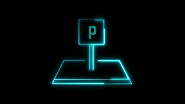 Bright blue neon parking sign animation with P letter icon on a pole isolated on a black background loop-able video for automotive, traffic, and urban navigation concepts.