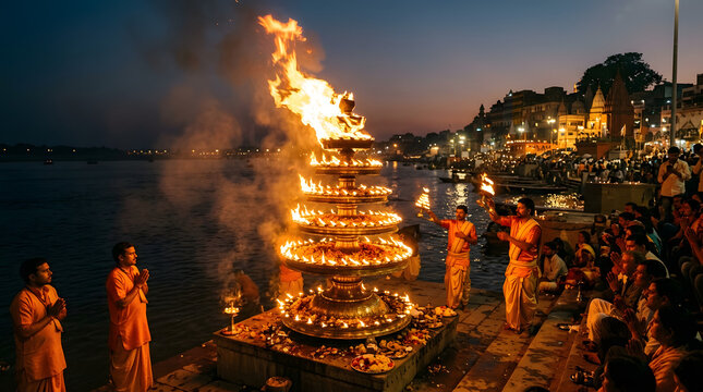 Ganga dussehra celebration with aarti ritual on the river bank