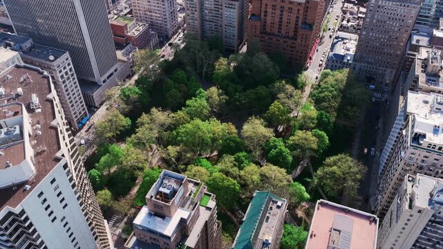 Aerial drone view looking straight down on a lush Philadelphia city square park, densely canopied with spring trees and surrounded by downtown high-rises.