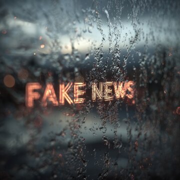 Illuminated text glowing behind rain-covered glass symbolizing the concept of misinformation and distorted reality through blurry water droplets on windowpane at dus