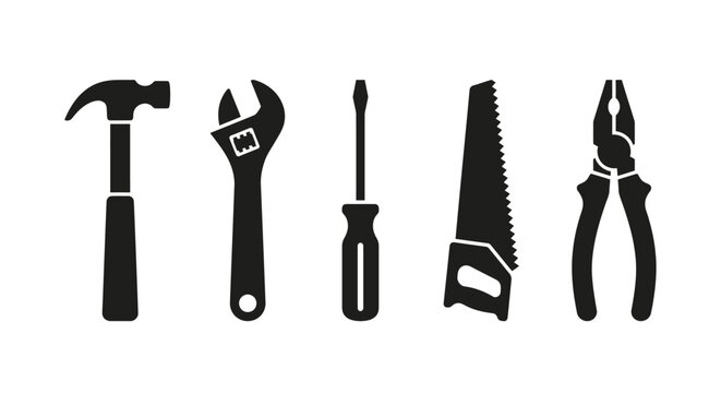 Tool Silhouettes On White Background Hammer Wrench Screwdriver Saw And Pliers