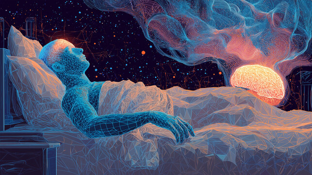 Futuristic Human Brain Activity During Sleep with Neural Network and DNA Helix &ndash; Artificial Intelligence and Neuroscience Concept