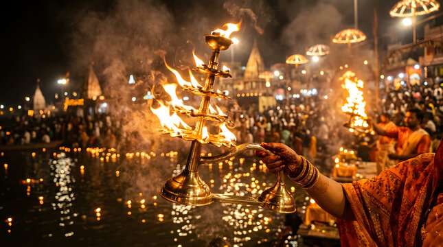Ganga dussehra celebration with aarti ritual at holy river bank