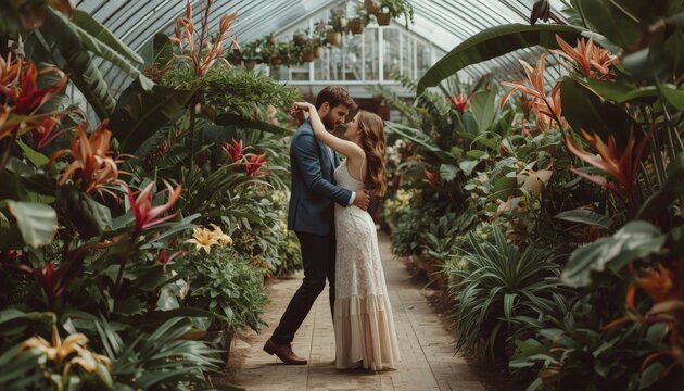 There is a man and a woman that are standing in a greenhouse