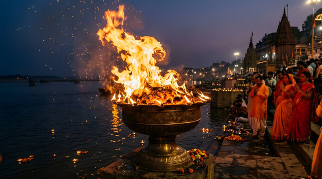 Ganga dussehra ritual with flames and devotees at the holy river