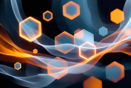 Abstract digital background featuring glowing orange and blue hexagonal shapes amidst flowing, ethereal light trails against a dark backdrop.