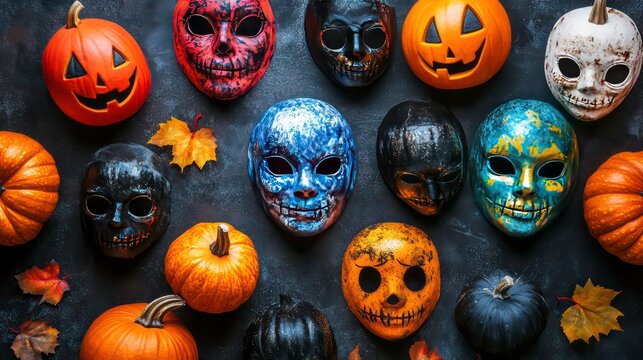 A flat lay of colorful masks and carved pumpkins on a dark background for Halloween.