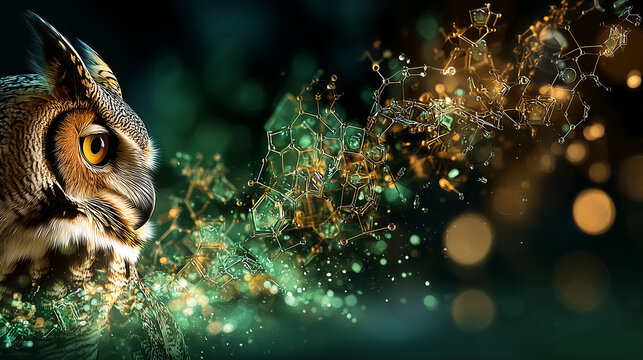 Dynamic 3D render of a horned owl emitting glowing green and golden particles in lab