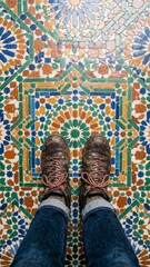 Fototapeta premium Brown leather hiking boots standing on Moroccan zellij mosaic tile floor with geometric star patterns