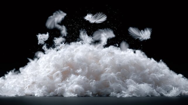 Soft white down feathers drifting and settling into a light, fluffy pile on a dark background, evoking warmth, purity, airy texture and gentle, weightless comfort