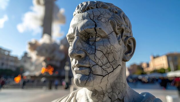 A severely cracked stone statue of a man's face shows signs of extensive damage and decay in an outdoor public setting.