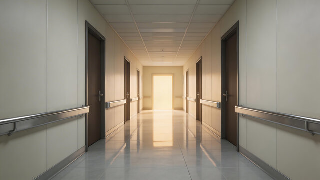 Long empty hospital corridor for immersive visual experiences and creative projects