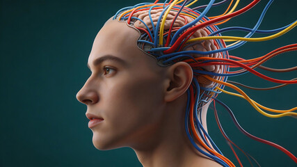 Naklejka premium Human head with colorful neural connections emphasizing advanced technology and cybersecurity