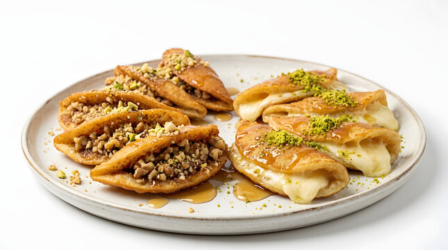 Sweet Qatayef stuffed pancakes with walnuts and syrup, isolated on a pure white background. Perfect for Ramadan pastry designs