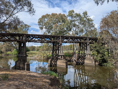 The historic old trestle bridge in Sheridan Lane which crosses Morley's Creek in Gundagai, New South Wales, Australia.