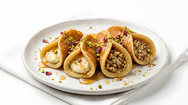 Sweet Qatayef stuffed pancakes with walnuts and syrup, isolated on a pure white background. Perfect for Ramadan pastry designs