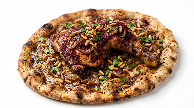 Authentic Musakhan roasted chicken with sumac, caramelized onions, and flatbread, isolated on a pure white background for menu