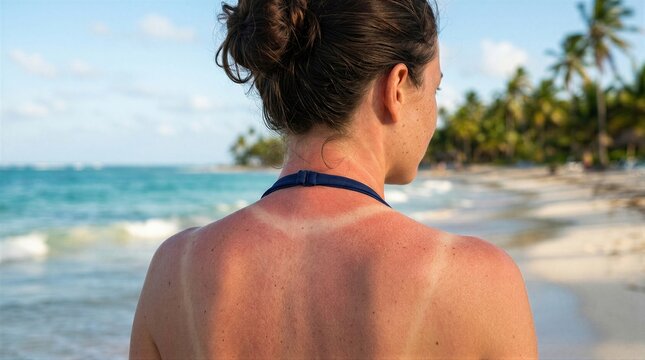 Woman with severe sunburn on skin at tropical beach. Irritated back with sun tan line after sunbathing without sunscreen. Summer vacation skincare, health protection and UV rays danger.