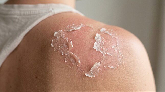 Woman with severe sunburn peeling skin on shoulder. Damaged epidermis due to excessive sun exposure. Dermatology skin care, protection from ultraviolet radiation and tan damage concept.