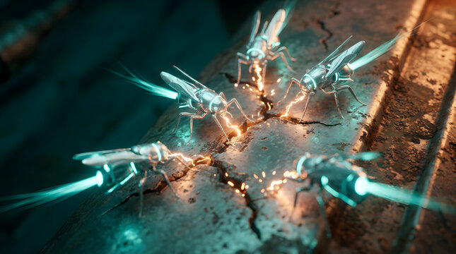 Futuristic mechanical robotic insects glowing with blue light energy on a cracked metallic surface.