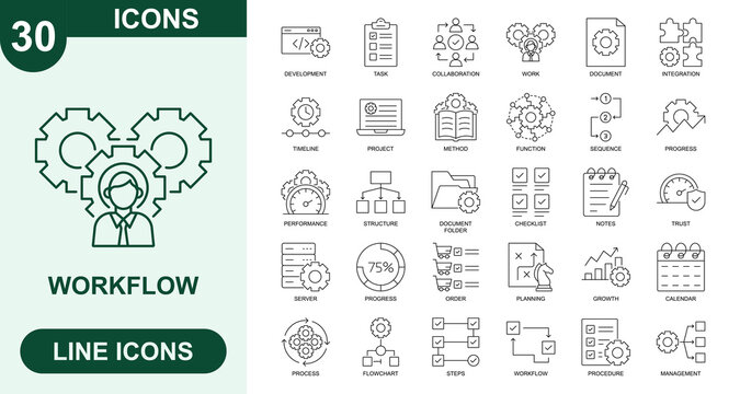 Workflow, Outline Vector Icons. Editable Stroke Icons Set. development, task, collaboration, work, document, integration, timeline, project, method, function and more.
