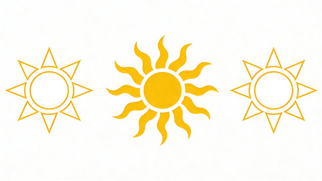 Three vibrant yellow sun illustrations with smiling faces on white background minimalist design
