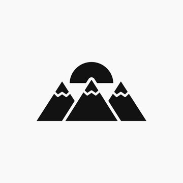Mountain range silhouette with sun and snow peak caps in simple flat style for outdoor adventure identity and hiking symbols created with minimalist graphic elements for branding projects.