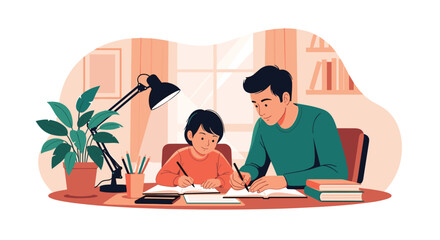Fototapeta premium Dedicated father sits at a desk and helps his young son with his school homework in a warm and supportive home learning environment.