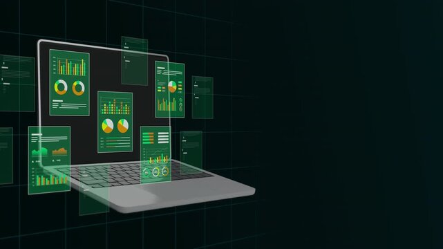 Open laptop computer showing glowing green financial charts and cloud network database interface panels.