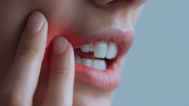 Person experiencing pain or discomfort in the cheek area close to the mouth with visible redness indicating inflammation or irritation on the skin surface