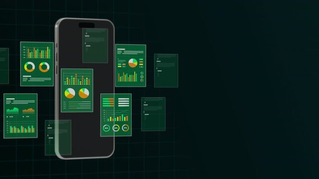 Mobile phone screen showing green digital marketing statistics, pie charts, and financial data tracking interface.