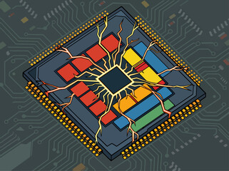 Detailed CPU chip illustration showcasing internal components and pathways. Vibrant colors highlight power core and cache memory. Modern, technical design suitable for digital backgrounds. © Vector Factory
