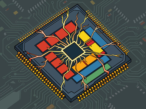 Detailed CPU chip illustration showcasing internal components and pathways. Vibrant colors highlight power core and cache memory. Modern, technical design suitable for digital backgrounds.