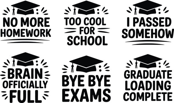 A collection of six funny black graduation quotes with mortarboard icons for celebratory apparel.