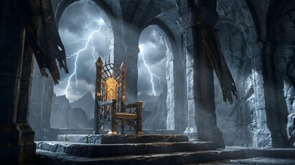 Obraz premium A majestic, ornate iron and gold throne stands in an ancient, stormy hall, illuminated by striking lightning from a dark sky.