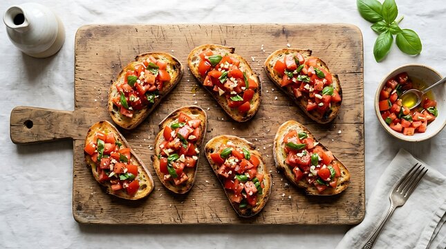Fresh homemade bruschetta on wooden board