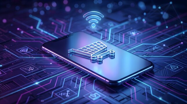 Digital Shopping: Smartphone with Glowing Cart on Circuit Board, Symbolizing Online Commerce and Global Connectivity.