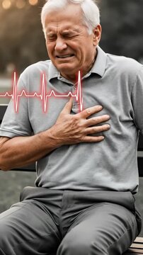 Elderly person experiencing chest pain, visualizing a critical heart rhythm, highlighting cardiovascular distress, heart attack concerns, and the urgent need for health support, prevention awareness