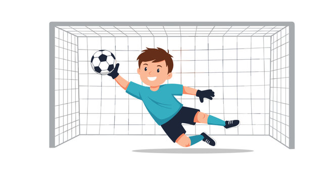 Athletic young boy playing as a soccer goalkeeper dives through the air to catch a ball and protect his goal during a fun sports game.