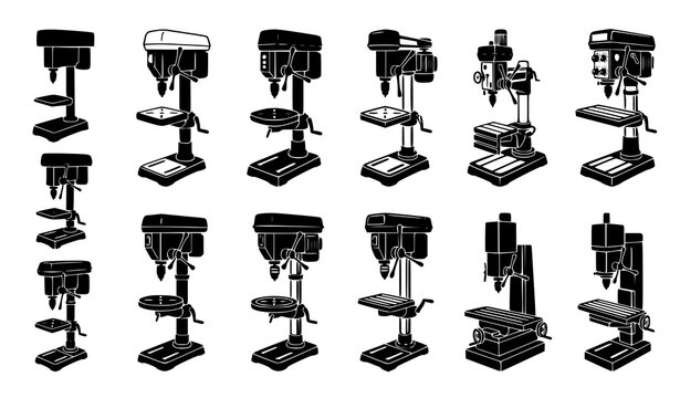 Industrial Drill Press Machine Silhouettes for Manufacturing Engineering and Workshop Equipment
