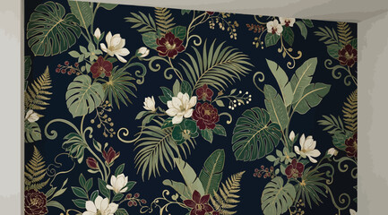 Tropical botanical wallpaper pattern with dark blue background, featuring monstera leaves, ferns, and blooming magnolia flowers in a vintage artistic style © S.Siam