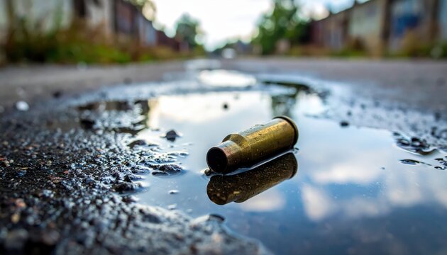 A single spent brass bullet casing rests in a rainwater puddle on an urban street