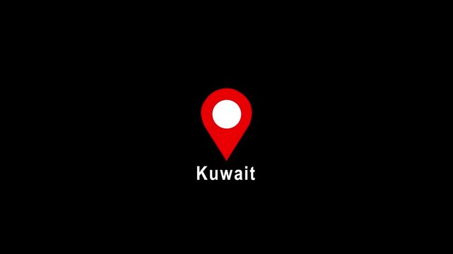 Red location pin icon with white circle above Kuwait text on black map marker navigation 4k video...